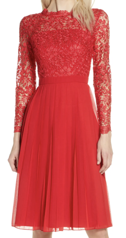 Naarah Long Sleeve Lace Bodice Chiffon Cocktail Dress