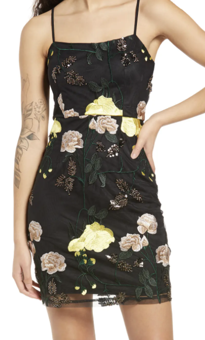 Elston black floral store embroidered bodycon dress