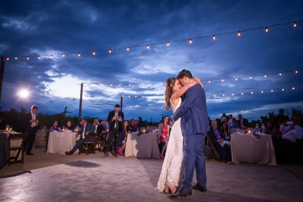 wedding venue dancefloor outside under string lights at Pellegrini Wine Company