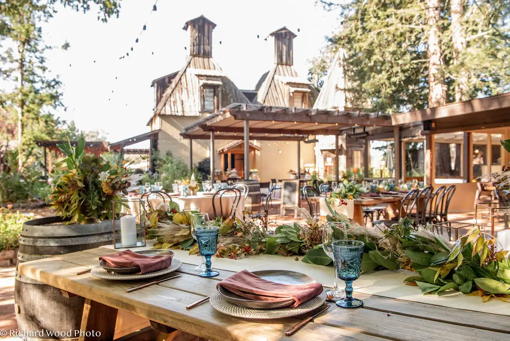 dinner table at rustic wedding venue at RUSSIAN RIVER VINEYARDS
